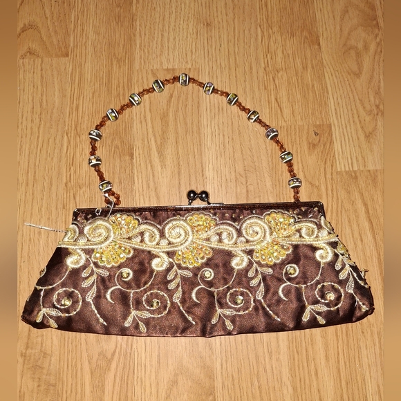 Chateau Handbags - Elegant Brown Embroidered Clutch